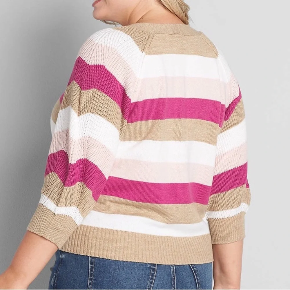 Lane Bryant Women 22/24 Stripe V-Neck 3/4 Balloon Sleeve Ribbed Cropped Cardigan